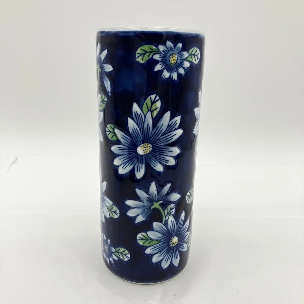 Ceramic Cylinder Vase 10in Blue White Floral Hand Painted Style